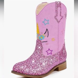 Pink Glitter Unicorn Kids Cowboy Boots sz 13
